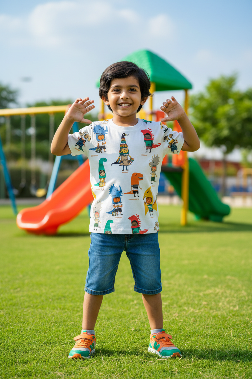 Haachi Kaagu Unisex Dino Gang Round Neck Kids Tshirt